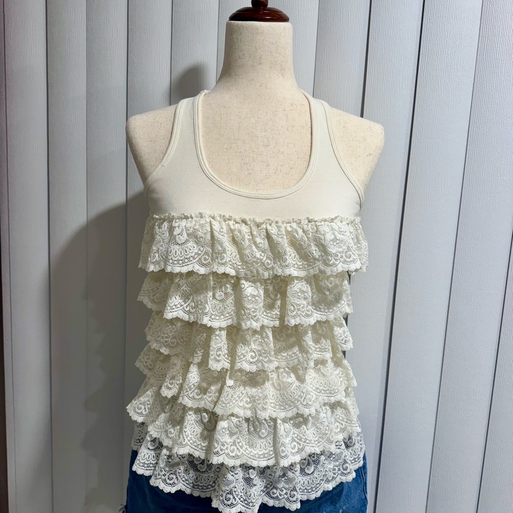 Elegant Cream Lace Ruffle Tank Top